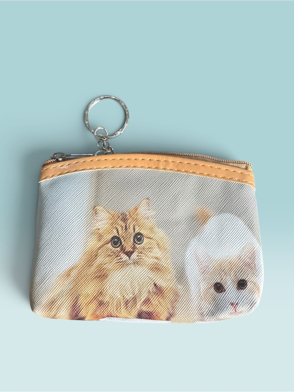 Cat Print Coin Pouch Keychain - Tan Trim